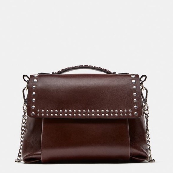 ZARA Studded Leather Burgundy Crossbody Bag - Picture 5 of 12
